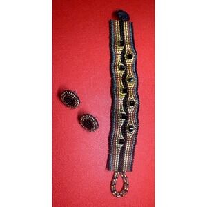 Handmade Seed Bead Cuff Bracelet Earrings Set Tribal Boho Wearable Art BlackGold